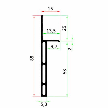 Schéma technique profil plinthe invisible bois pour cloison placo BA13 avec dimensions