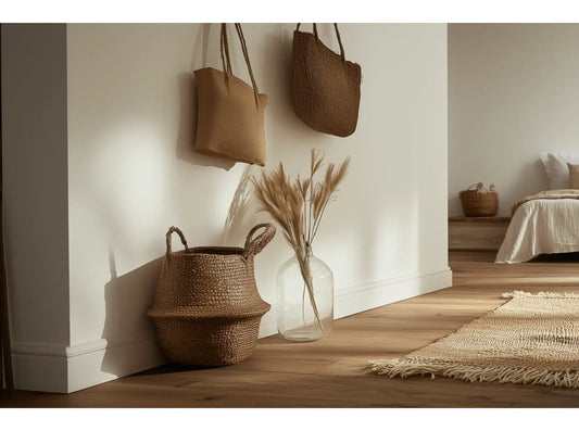 Plinthe blanche MD358 dans un intérieur chaleureux avec panier tressé et vase en verre, mur blanc et sol bois naturel – moulure décorative