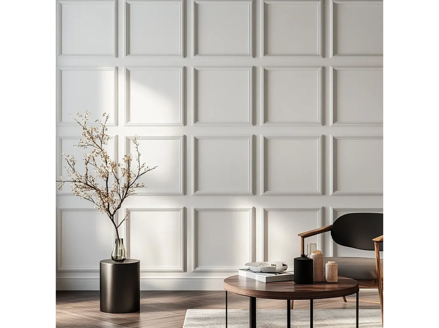 Plinthe moulurée MD358 installée sur un mur orné de panneaux décoratifs, dans un salon moderne avec parquet foncé