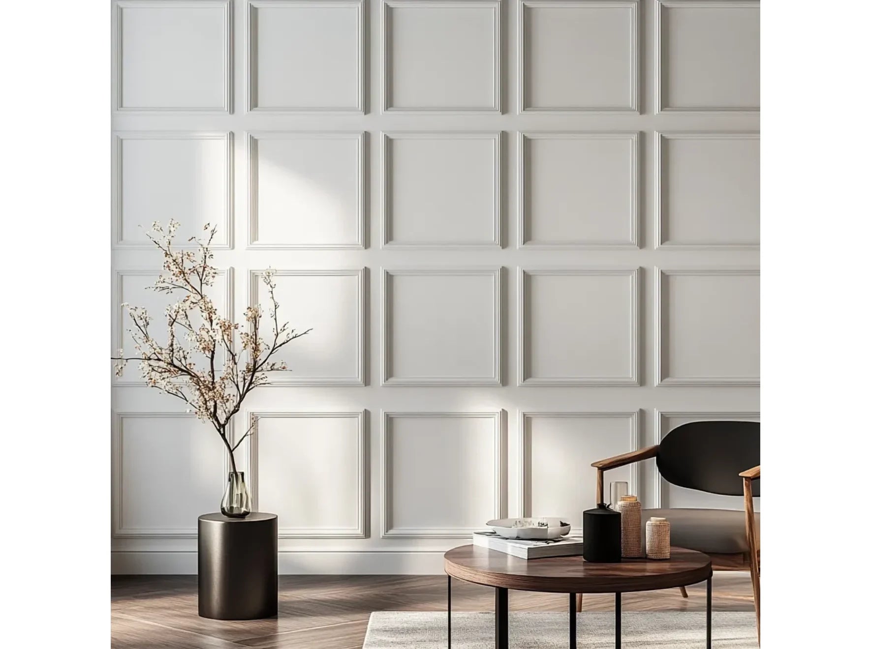 Plinthe moulurée MD358 installée sur un mur orné de panneaux décoratifs, dans un salon moderne avec parquet foncé