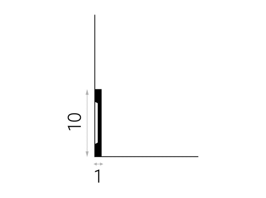 Vue latérale de la plinthe MD013 montrant son profil fin de 1 cm d’épaisseur et son design rectiligne