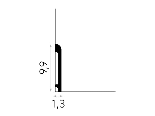 Schéma technique de la plinthe MD236 avec dimensions 200 cm de long, 9,1 cm de haut et 1,3 cm d’épaisseur