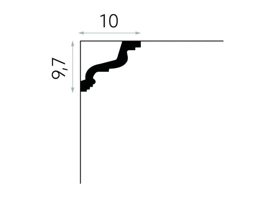 Schéma technique de la corniche de plafond MDB118 avec dimensions 200 x 9,7 x 10 cm, profil mouluré élégant