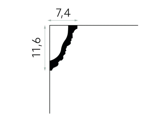 Schéma technique de la corniche MDA098, moulure en plâtre pour plafond, dimensions 11,6 cm x 7,4 cm