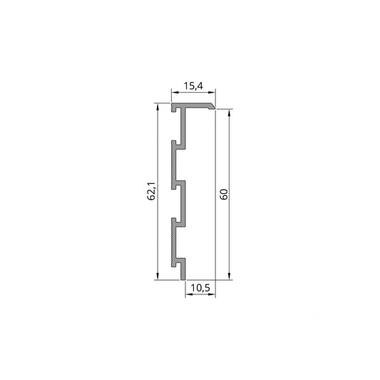 Schéma technique du profilé aluminium P01.018 pour plinthe invisible, longueur 200 cm et hauteur 62,1 mm