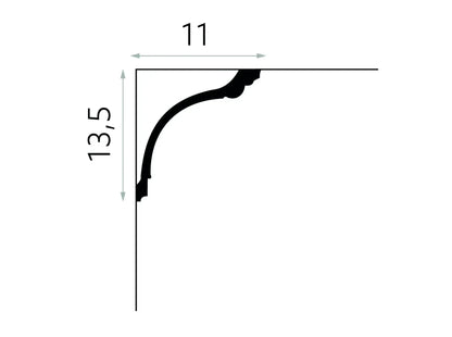 Profil technique de la corniche MDA040, moulure en plâtre pour plafond, dimensions 13,5 cm x 11 cm