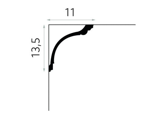 Profil technique de la corniche MDA040, moulure en plâtre pour plafond, dimensions 13,5 cm x 11 cm