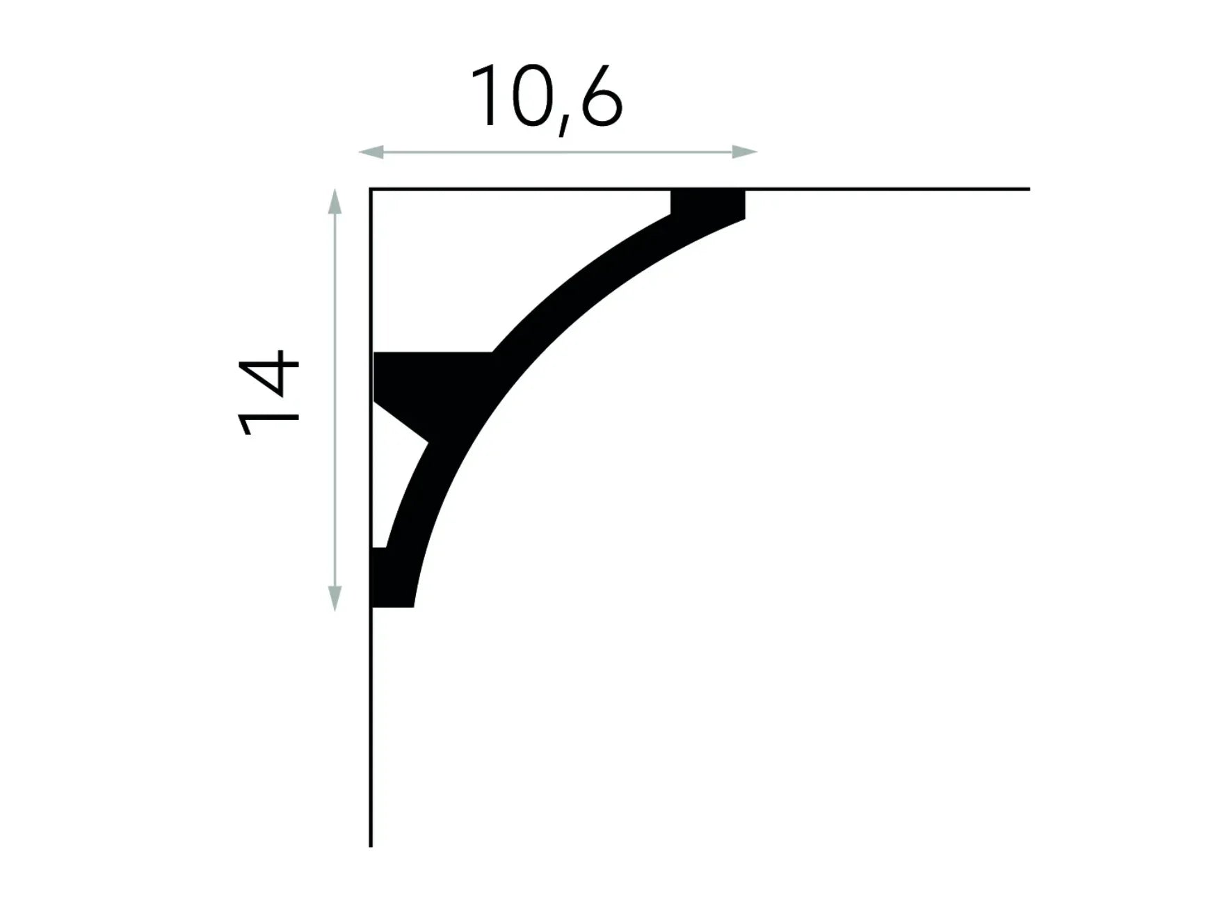 Profil technique de la corniche MDB101, moulure en plâtre pour plafond avec support LED intégré, dimensions 14 cm x 10,6 cm