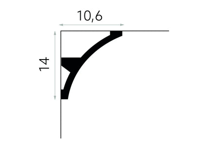 Profil technique de la corniche MDB101, moulure en plâtre pour plafond avec support LED intégré, dimensions 14 cm x 10,6 cm