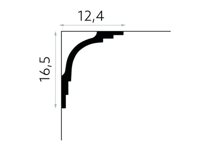 Schéma de la corniche MDB104, moulure en plâtre pour plafond, dimensions 16,5 cm x 12,4 cm avec profil galbé et géométrique
