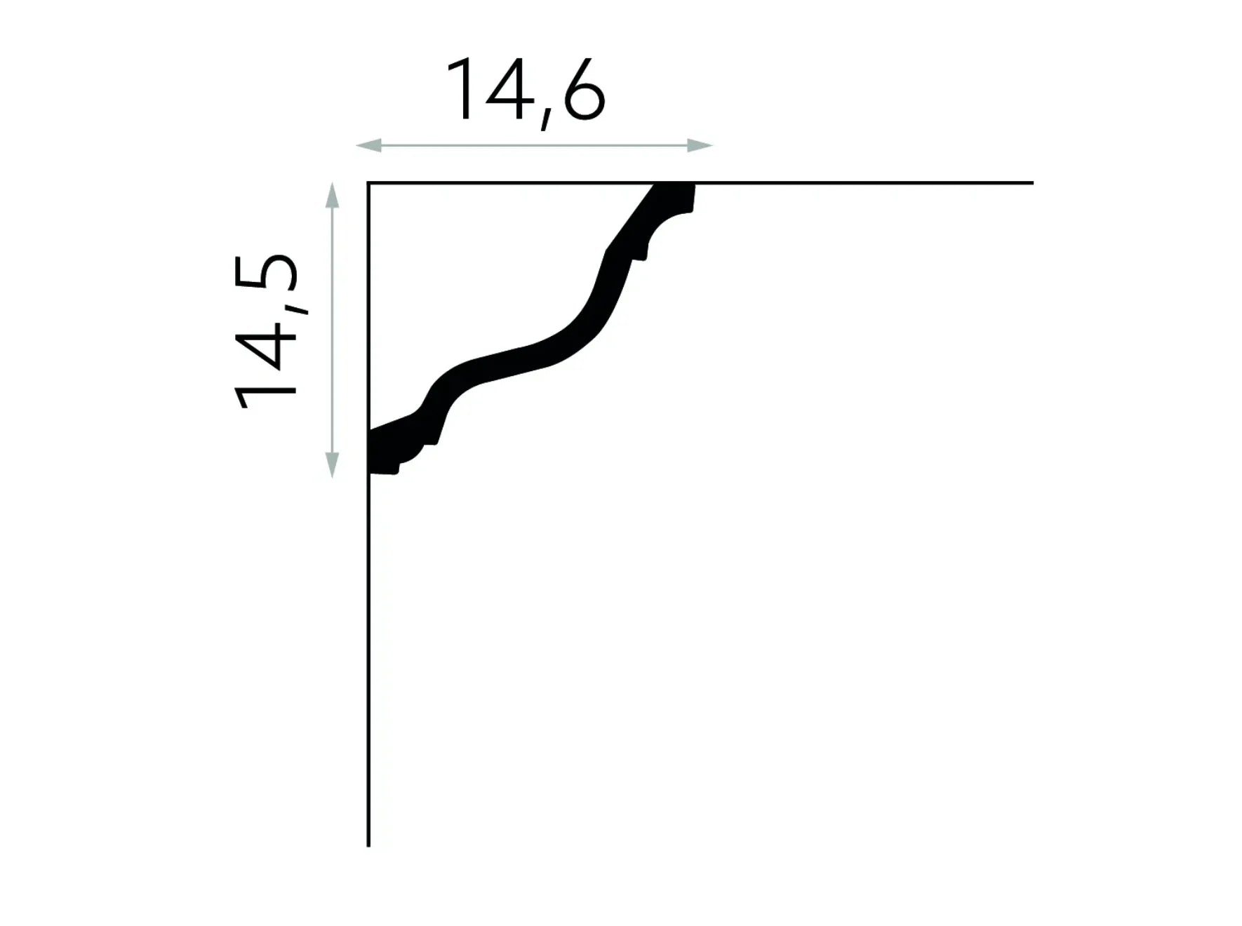 Schéma de la corniche MDB214, moulure en plâtre pour plafond, dimensions 14,5 cm x 14,6 cm avec profil courbé et décoratif