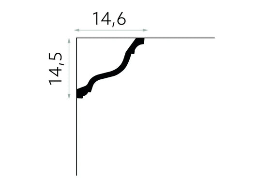 Schéma de la corniche MDB214, moulure en plâtre pour plafond, dimensions 14,5 cm x 14,6 cm avec profil courbé et décoratif