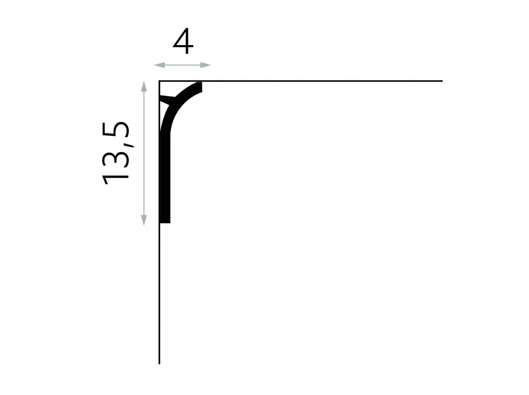 Schéma de la corniche QS011, moulure murale en plâtre avec profil pour bande LED, dimensions 13,5 cm x 4 cm