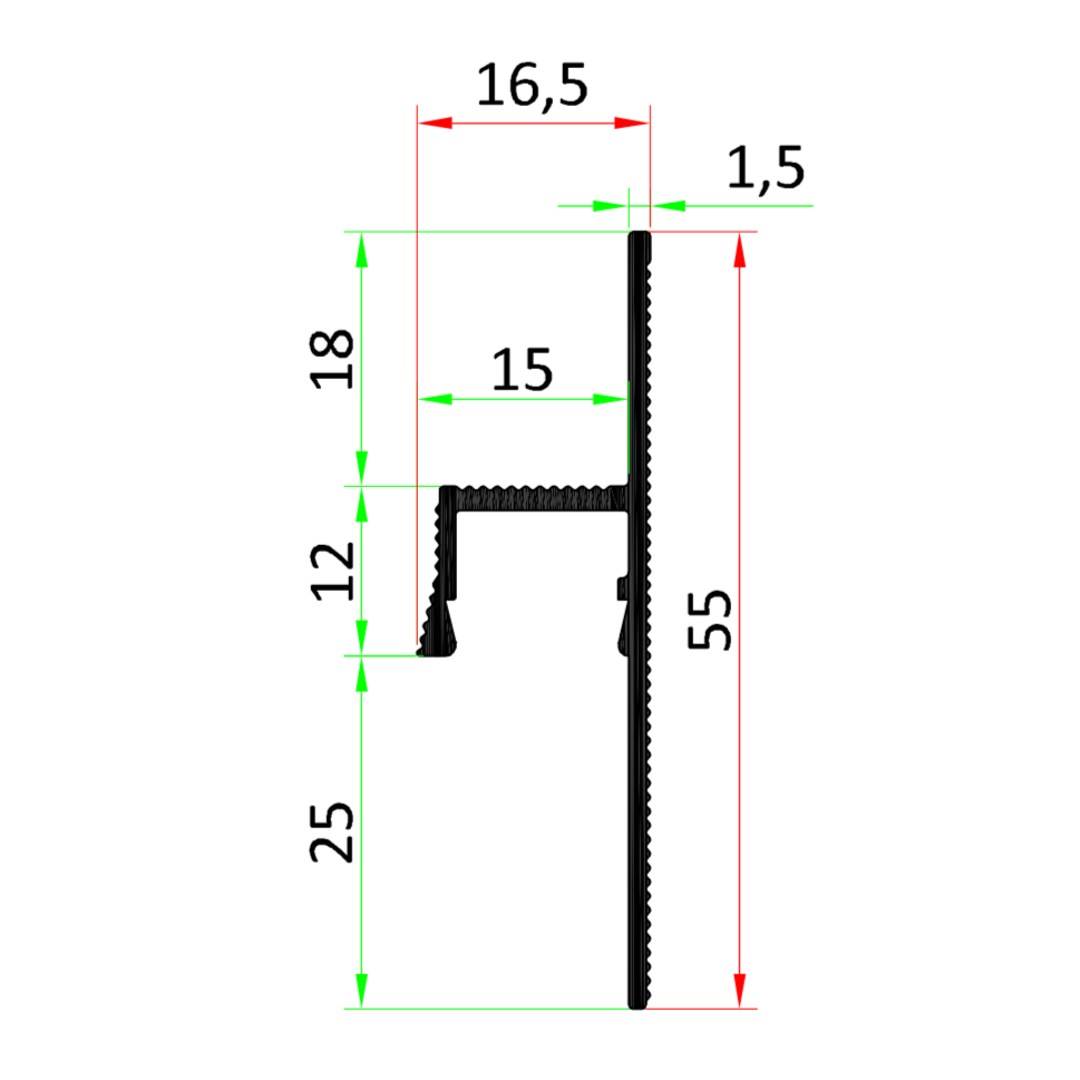 Schéma avec dimensions du profilé aluminium noir de 2,5m pour cloisons avec joint creux