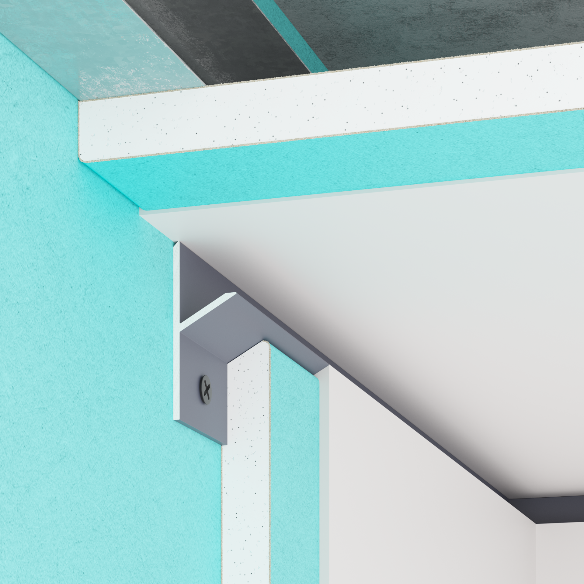 Profilé joint creux gris clair pour cloison sèche, montage en angle entre mur et plafond