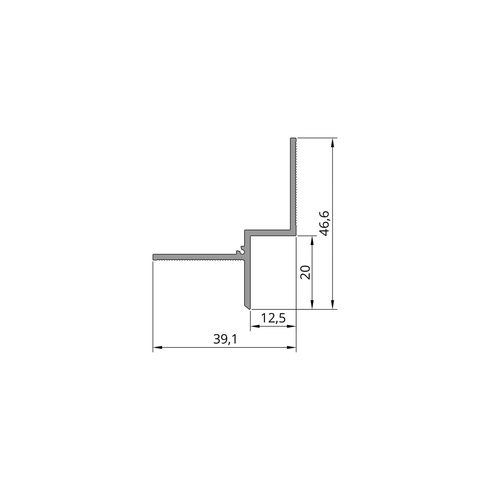 Schéma technique du profilé plafond joint creux 12,5 x 20 mm, dimensions détaillées pour pose en faux plafond

