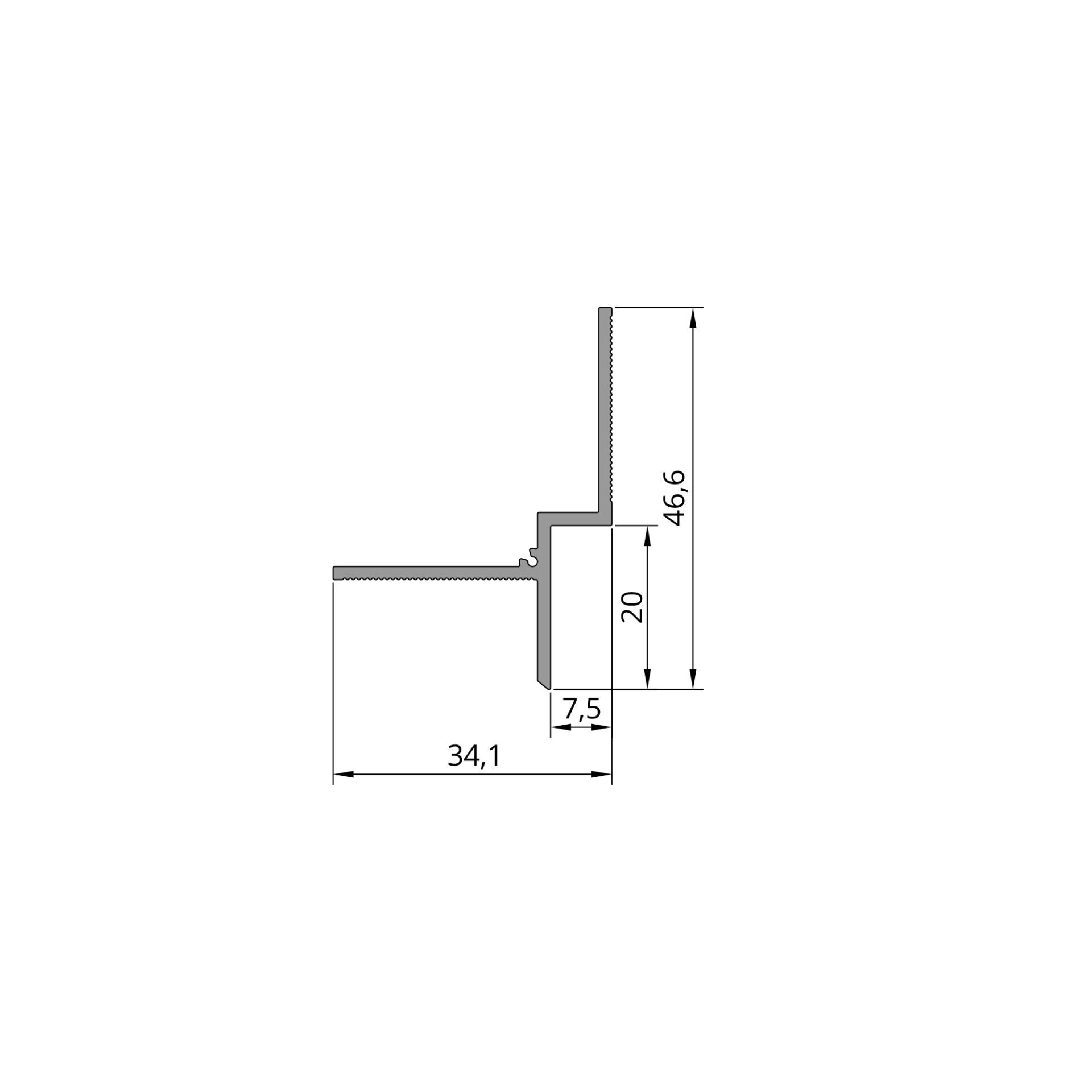 Schéma technique du profilé plafond joint creux 7,5 x 20 mm, dimensions détaillées pour pose en faux plafond