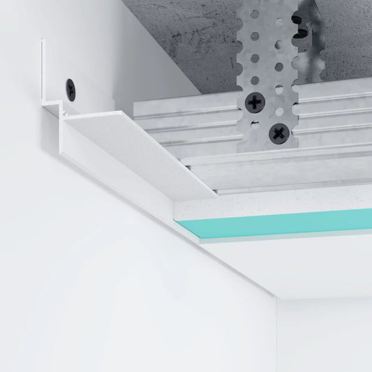 Profilé plafond joint creux blanc 7,5 x 20 mm intégré à une plaque de plâtre sur structure métallique