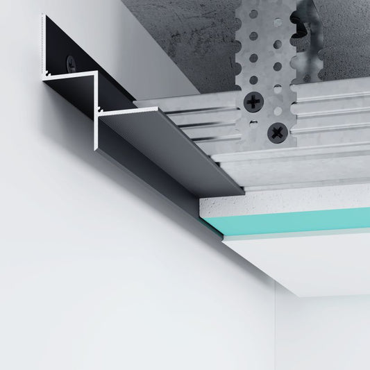 Profilé joint creux plafond noir en aluminium, dimensions 22,5 x 30 mm, installé sur ossature métallique