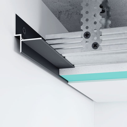 Profilé joint creux plafond noir 7,5 x 20 mm pour faux plafond suspendu, fixation sur ossature métallique