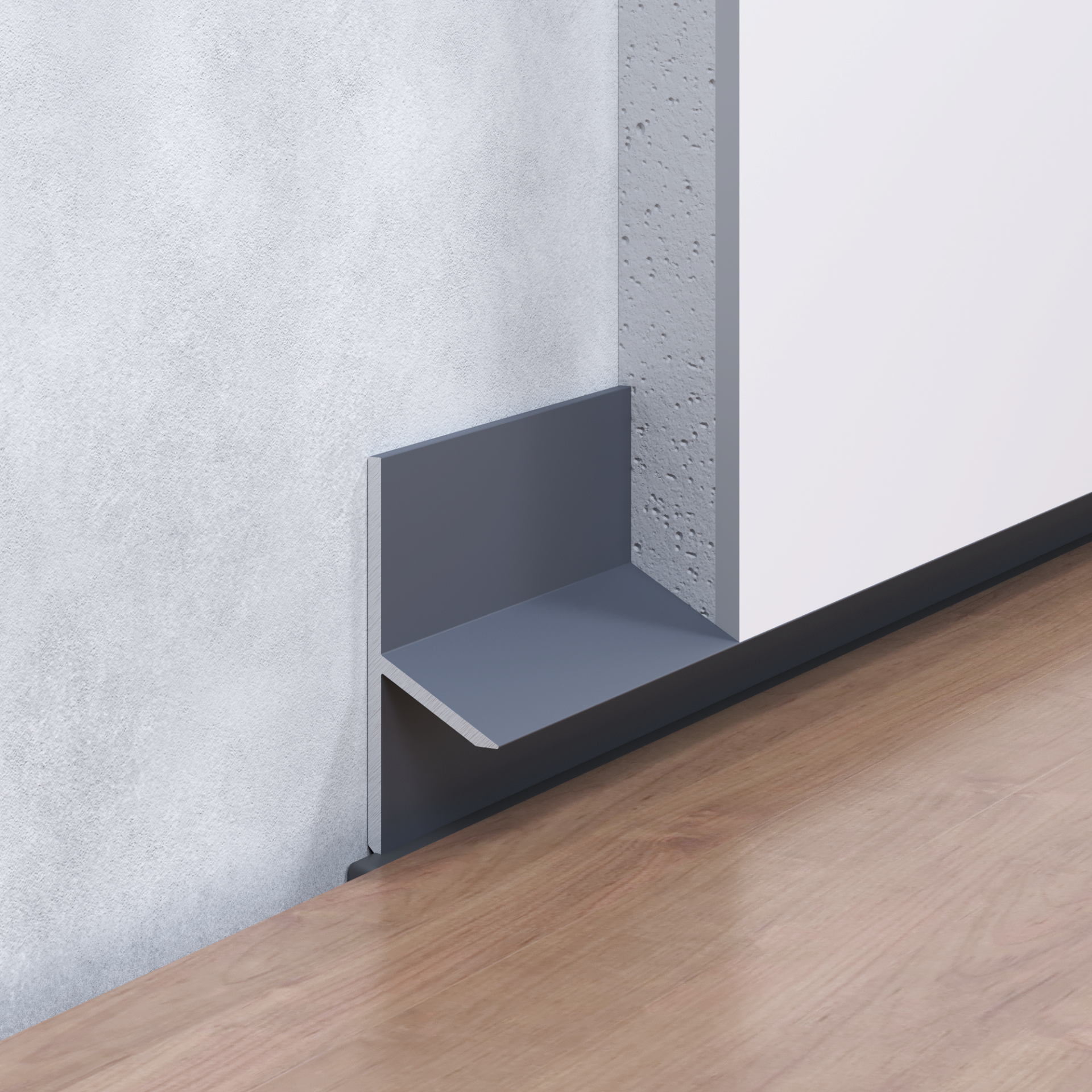 Profilé joint creux gris pour installation en pied de cloison sur sol, finition soignée et moderne