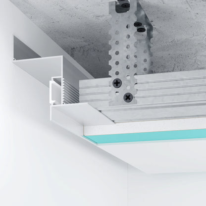 Vue en coupe du profilé LED aluminium 40 mm pour éclairage indirect au plafond, intégré à une structure en placo. Solution idéale pour une lumière d’ambiance moderne