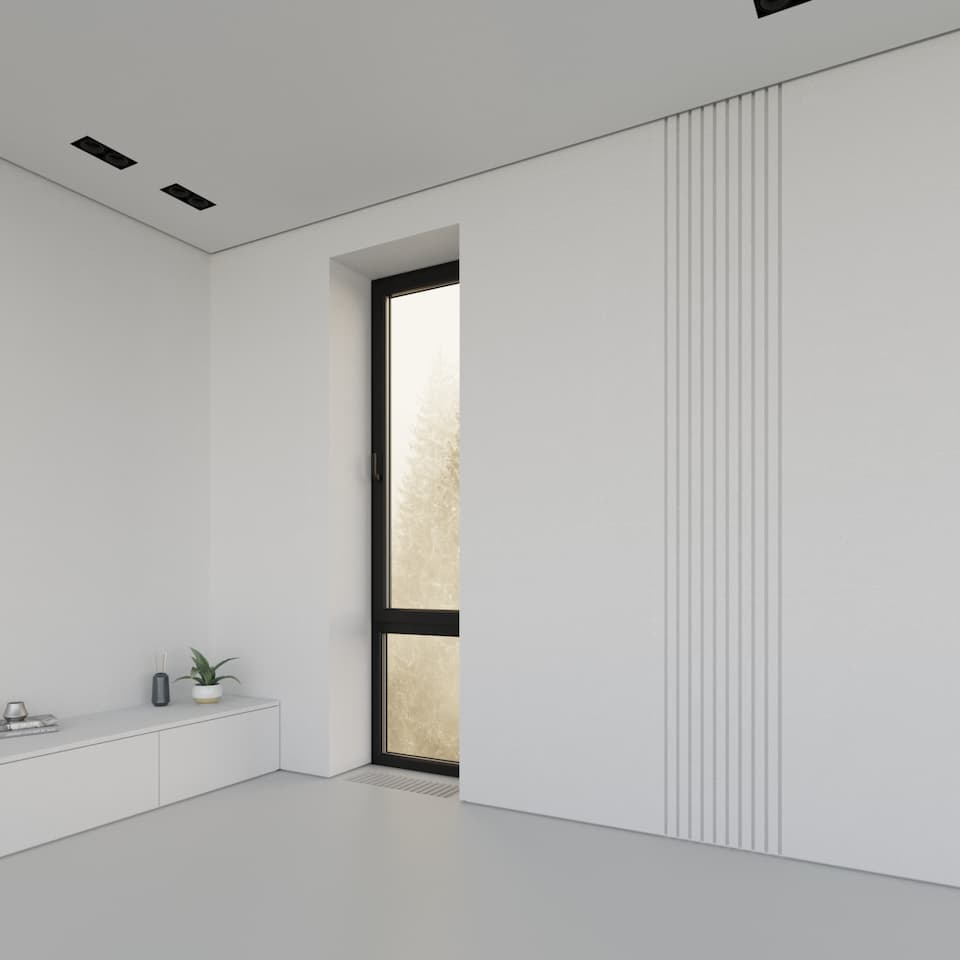 Utilisation décorative de profilés LED encastrés verticaux dans un mur, design moderne et minimaliste