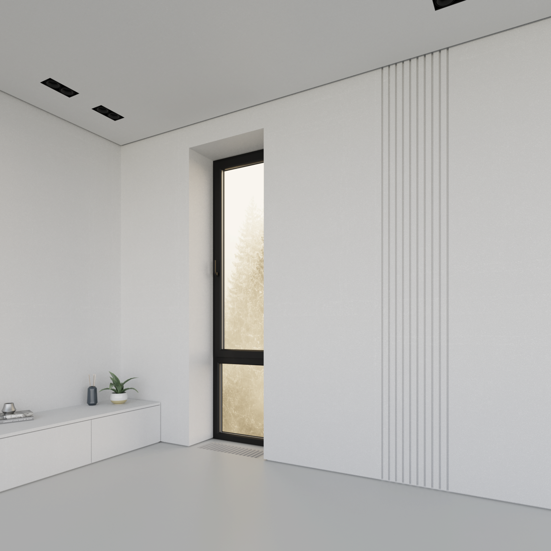 Utilisation décorative de profilés LED encastrés verticaux dans un mur, design moderne et minimaliste