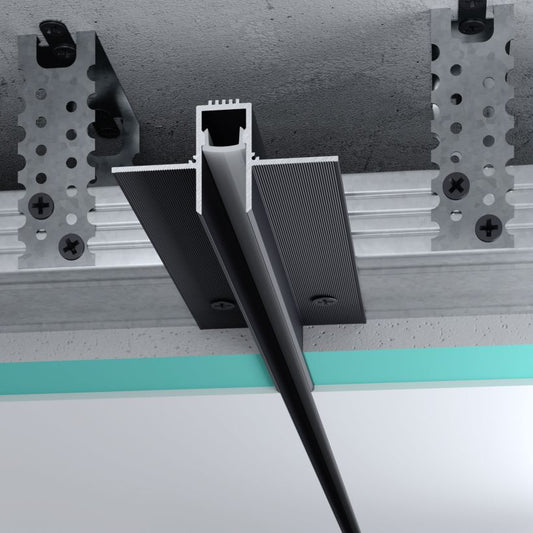 Profilé LED encastré noir en aluminium 13 mm, installation au plafond entre plaques de plâtre, longueur 3 mètres