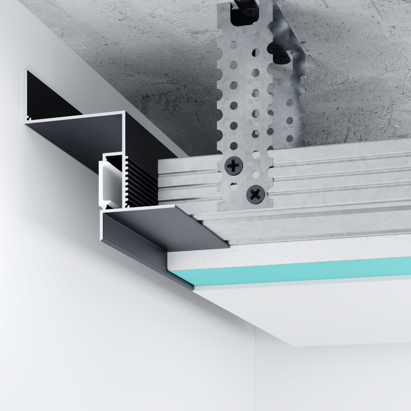 Vue en coupe du profilé LED noir 40 mm pour éclairage indirect au plafond, intégré à une structure en placo. Solution idéale pour une lumière d’ambiance moderne