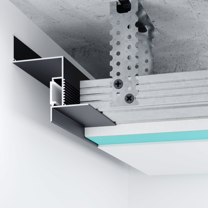 Vue en coupe du profilé LED noir 40 mm pour éclairage indirect au plafond, intégré à une structure en placo. Solution idéale pour une lumière d’ambiance moderne