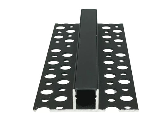 Profilé LED noir en aluminium M4 de 10 mm, vue de face, pour bande LED encastrée dans cloison ou panneau mural.