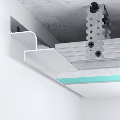 Profilé LED P13 en aluminium blanc, design arrondi, installation au plafond pour éclairage indirect et décoratif