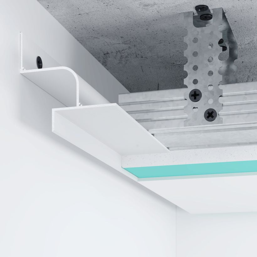 Profilé LED P13 arrondi en aluminium blanc, 20 mm, pour éclairage indirect au plafond moderne.