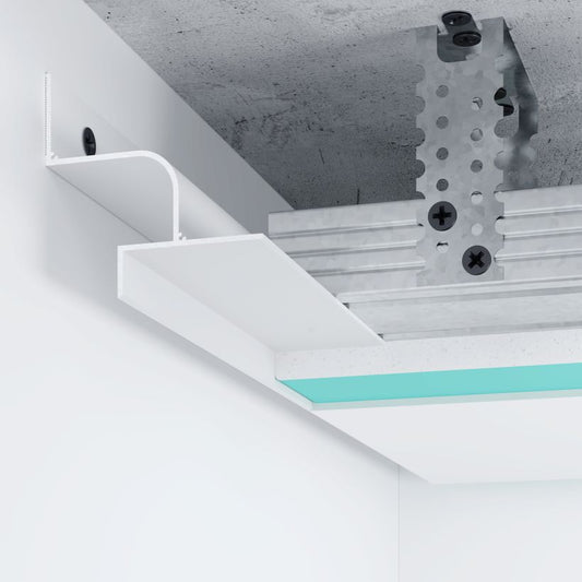 Profilé LED P13 arrondi en aluminium blanc, 20 mm, pour éclairage indirect au plafond moderne.