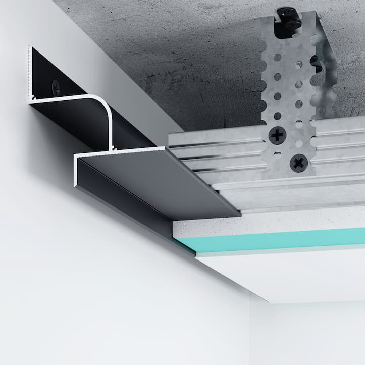 Profilé LED P13 arrondi en aluminium noir, pour éclairage indirect au plafond, finition design de 20 mm.