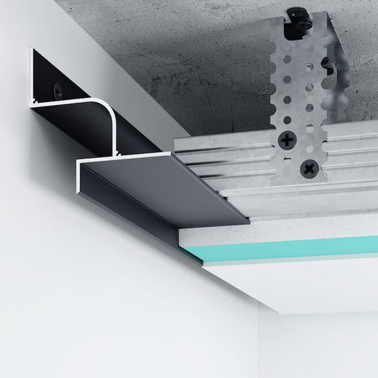 Profilé LED P13 arrondi en aluminium noir, pour éclairage indirect au plafond, finition design de 20 mm.