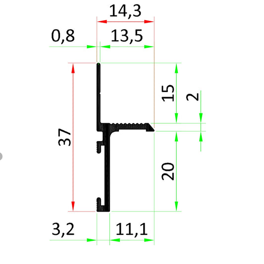 Schéma du profilé aluminium anodisé noir avec dimensions et installation pour joint creux