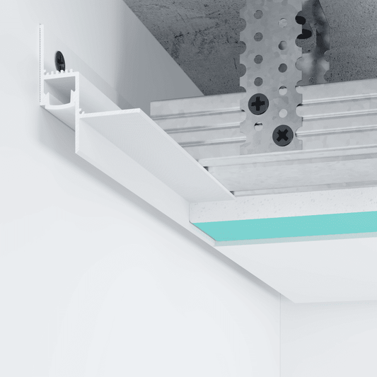 Profilé LED blanc pour plafond 13 mm en aluminium, vue installation murale avec fixation placo