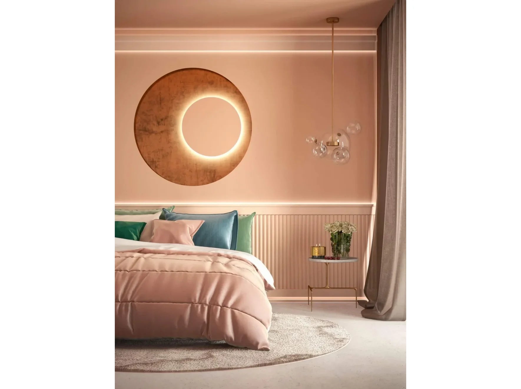 Rosace de plafond QR002 blanche de 51,5 cm de diamètre, installée au centre d’un murs avec luminaire