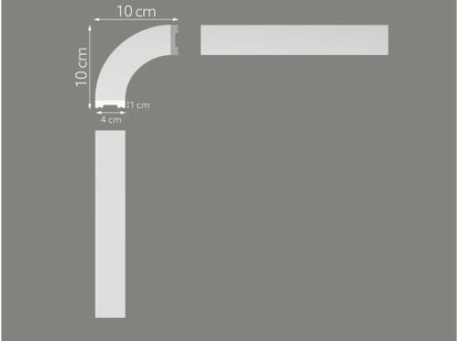 Schéma technique de l’angle mouluré MDD011-10 – courbe 90° pour moulures murales, dimensions 10 x 10 x 4 cm