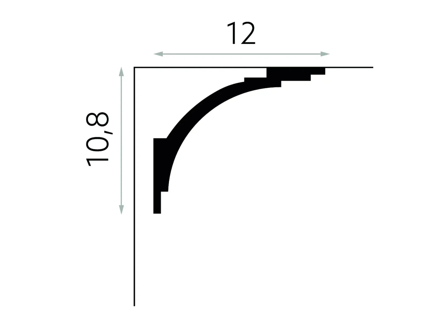 Schéma technique de la corniche cache-rideau MD105 indiquant des dimensions de 200 x 10,8 x 12 cm