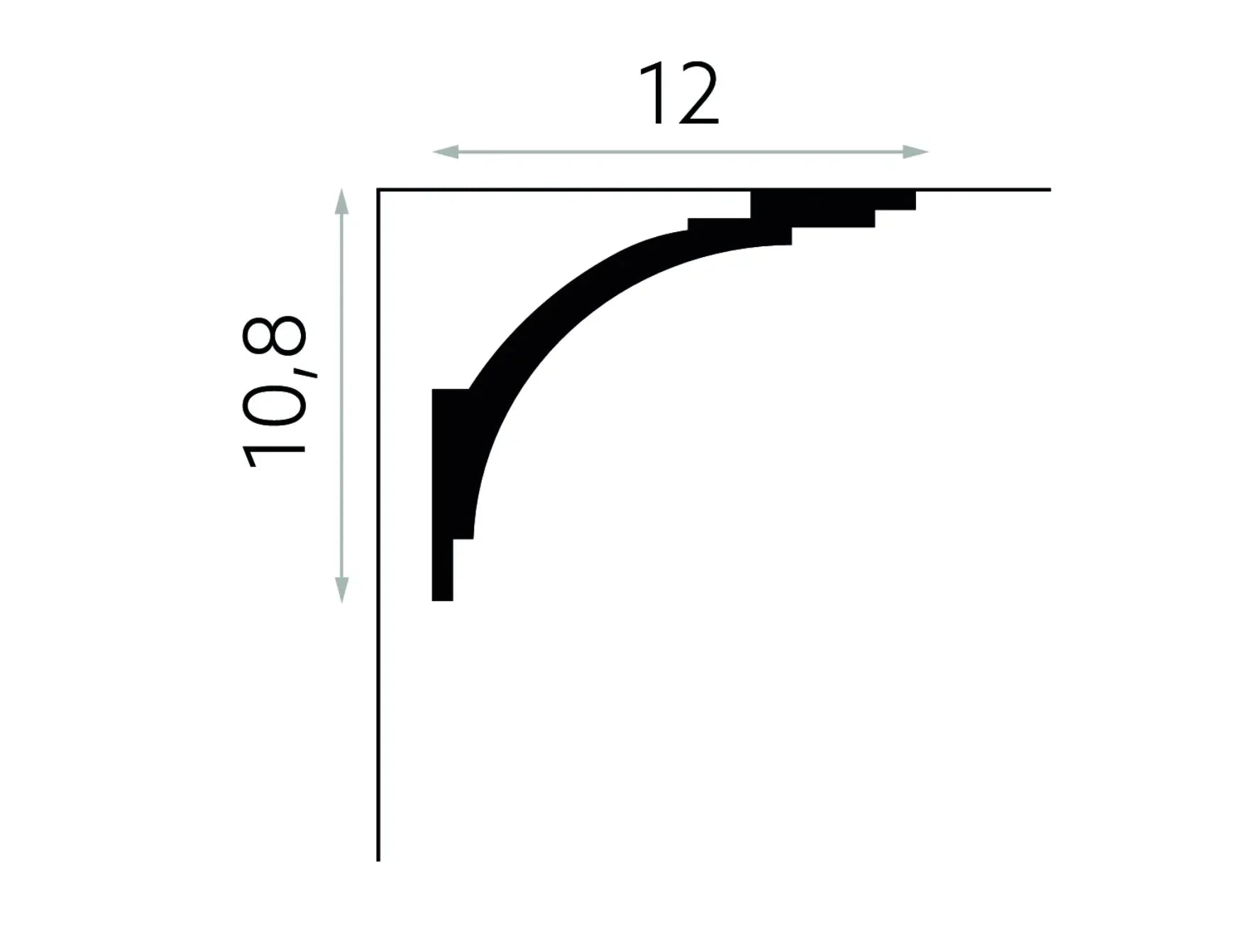 Schéma technique de la corniche cache-rideau MD105 indiquant des dimensions de 200 x 10,8 x 12 cm