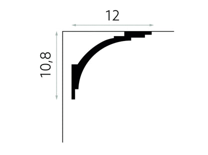 Schéma technique de la corniche cache-rideau MD105 indiquant des dimensions de 200 x 10,8 x 12 cm