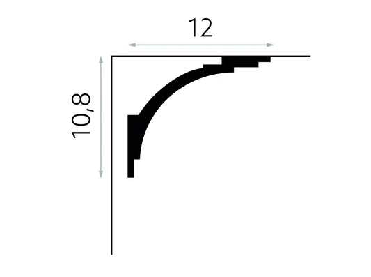 Schéma technique de la corniche cache-rideau MD105 indiquant des dimensions de 200 x 10,8 x 12 cm