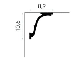 Schéma technique de la corniche cache-rideau MD110 indiquant des dimensions de 200 x 10,6 x 8,9 cm