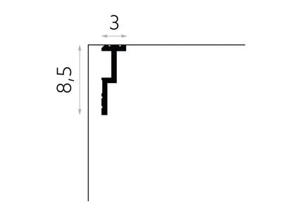 Schéma technique de la corniche cache-rideau QL024 indiquant les dimensions 8,5 cm de hauteur et 3 cm de profondeur