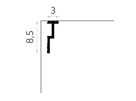 Schéma technique de la corniche cache-rideau QL024 indiquant les dimensions 8,5 cm de hauteur et 3 cm de profondeur