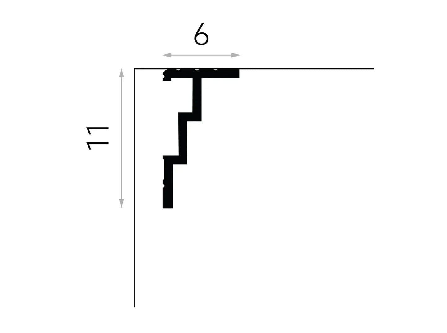 Schéma technique de la corniche cache-rideau QL025 indiquant une hauteur de 11 cm et une profondeur de 5 cm