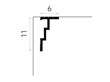 Schéma technique de la corniche cache-rideau QL025 indiquant une hauteur de 11 cm et une profondeur de 5 cm